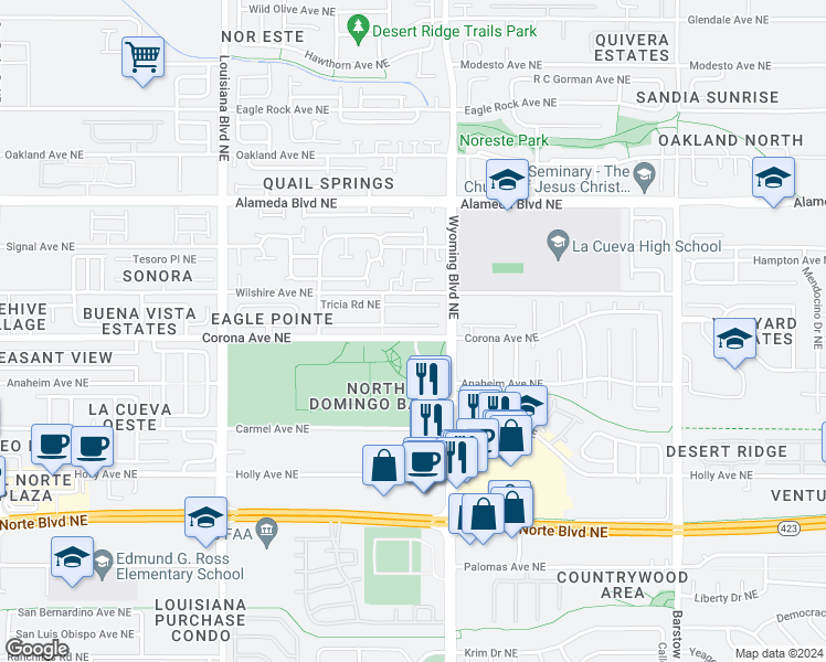 map of restaurants, bars, coffee shops, grocery stores, and more near 7436 Peregrine Road Northeast in Albuquerque