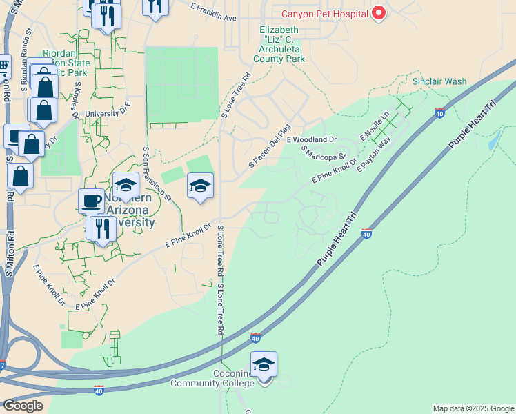 map of restaurants, bars, coffee shops, grocery stores, and more near 17 South Paseo Del Flag in Flagstaff