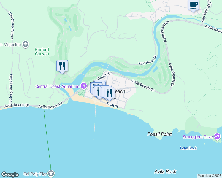 map of restaurants, bars, coffee shops, grocery stores, and more near 346 2nd Street in Avila Beach