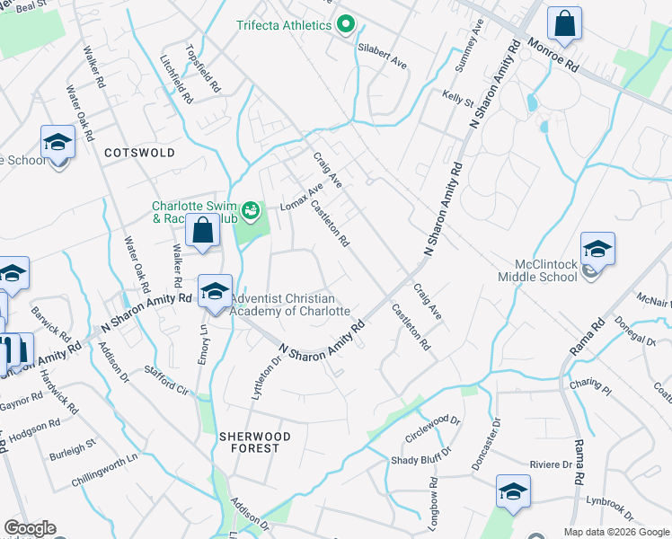 map of restaurants, bars, coffee shops, grocery stores, and more near 4305 Wordsworth Ln in Charlotte