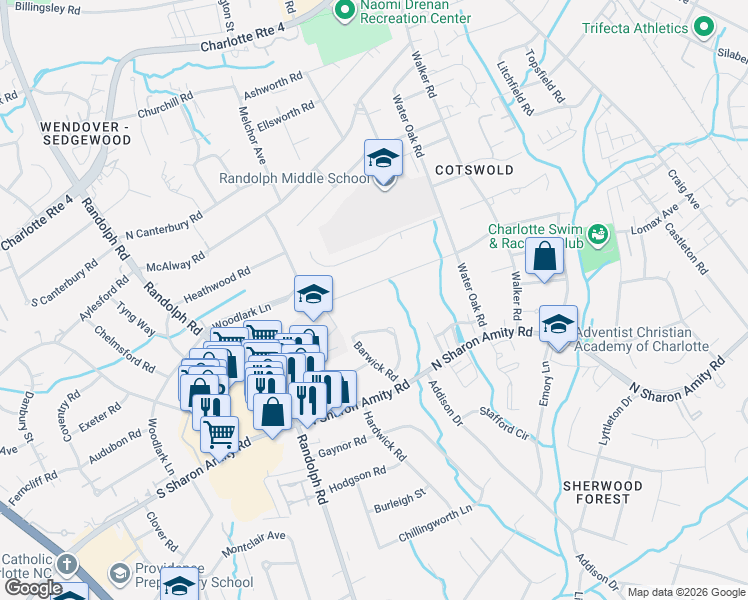 map of restaurants, bars, coffee shops, grocery stores, and more near 859 Linda Lane in Charlotte