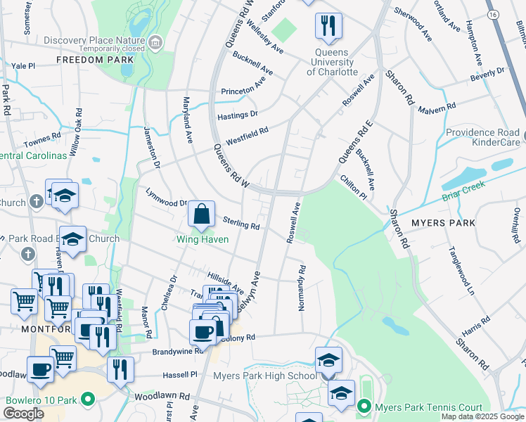 map of restaurants, bars, coffee shops, grocery stores, and more near in Charlotte