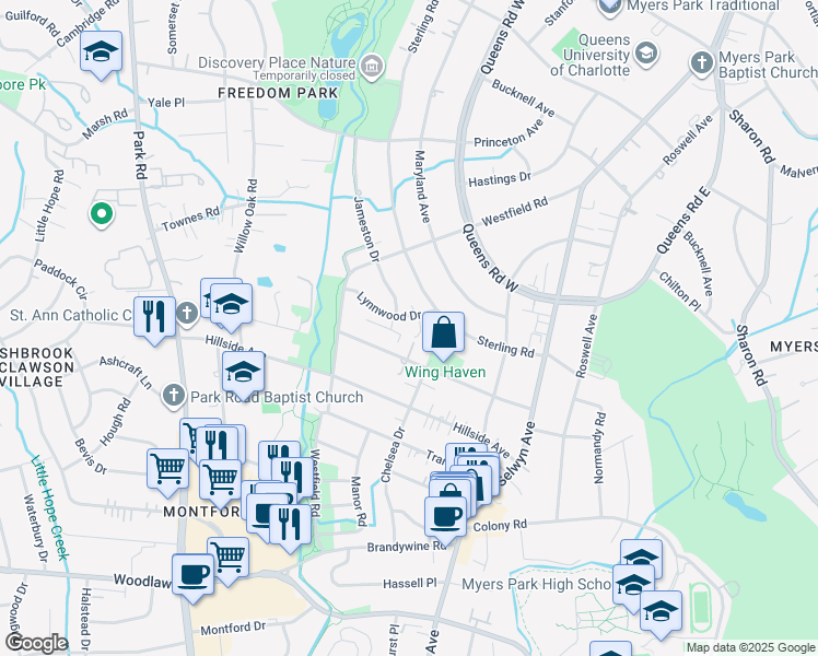 map of restaurants, bars, coffee shops, grocery stores, and more near 1837 Jameston Drive in Charlotte