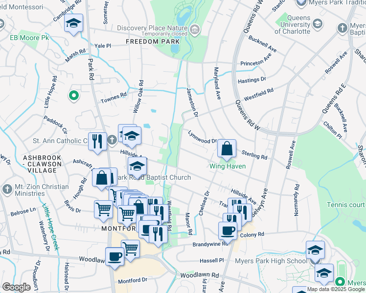 map of restaurants, bars, coffee shops, grocery stores, and more near 2914 Westfield Road in Charlotte