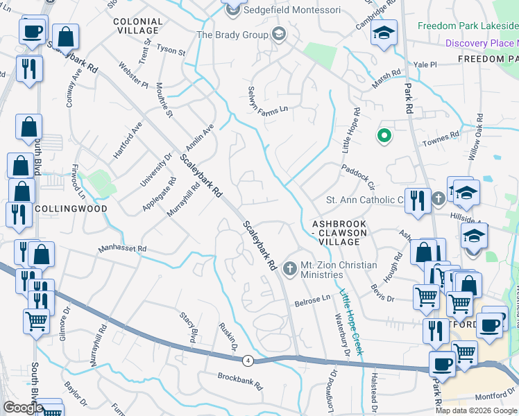 map of restaurants, bars, coffee shops, grocery stores, and more near 4020 Constable Court in Charlotte