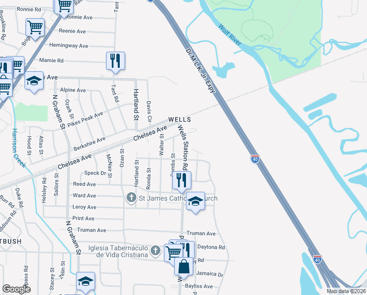 map of restaurants, bars, coffee shops, grocery stores, and more near 1790 Wells Station Road in Memphis