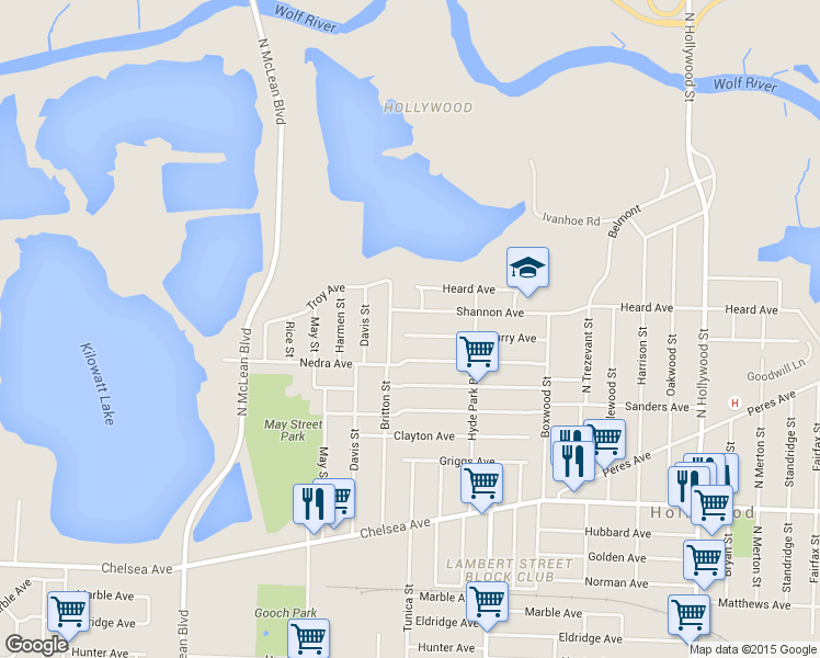 map of restaurants, bars, coffee shops, grocery stores, and more near 2112 Shannon Avenue in Memphis