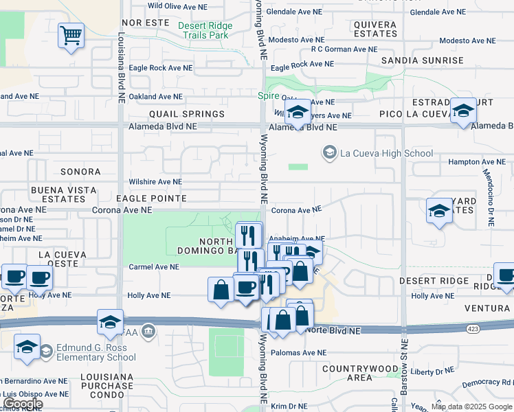 map of restaurants, bars, coffee shops, grocery stores, and more near 7524 Tricia Road Northeast in Albuquerque