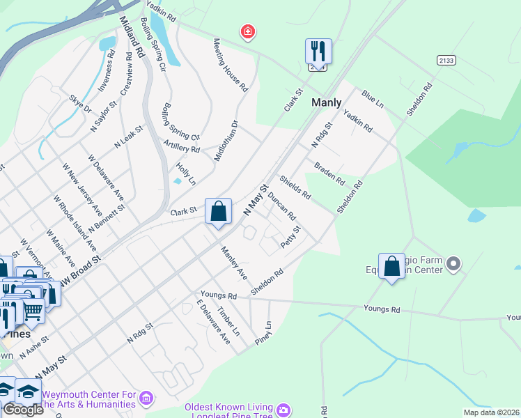 map of restaurants, bars, coffee shops, grocery stores, and more near 1175 North May Street in Southern Pines