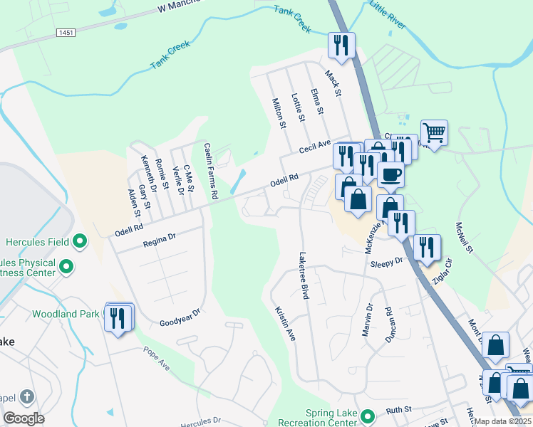 map of restaurants, bars, coffee shops, grocery stores, and more near 605 Village Lake Court in Spring Lake