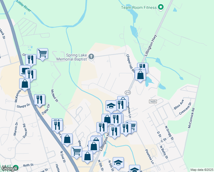 map of restaurants, bars, coffee shops, grocery stores, and more near 1004 Karen Circle in Spring Lake