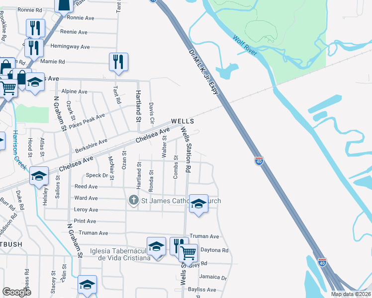 map of restaurants, bars, coffee shops, grocery stores, and more near 1790 Wells Station Road in Memphis