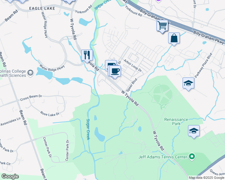 map of restaurants, bars, coffee shops, grocery stores, and more near 2320 Apex Landing Way in Charlotte
