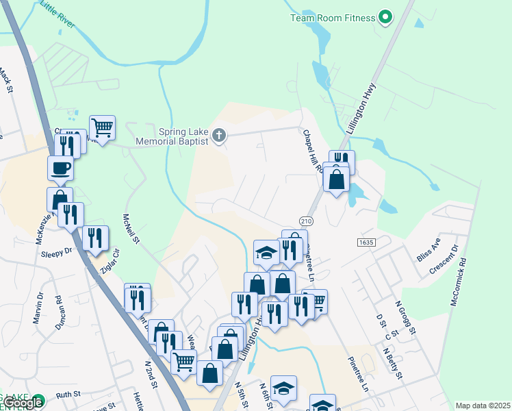 map of restaurants, bars, coffee shops, grocery stores, and more near 1004 Karen Circle in Spring Lake