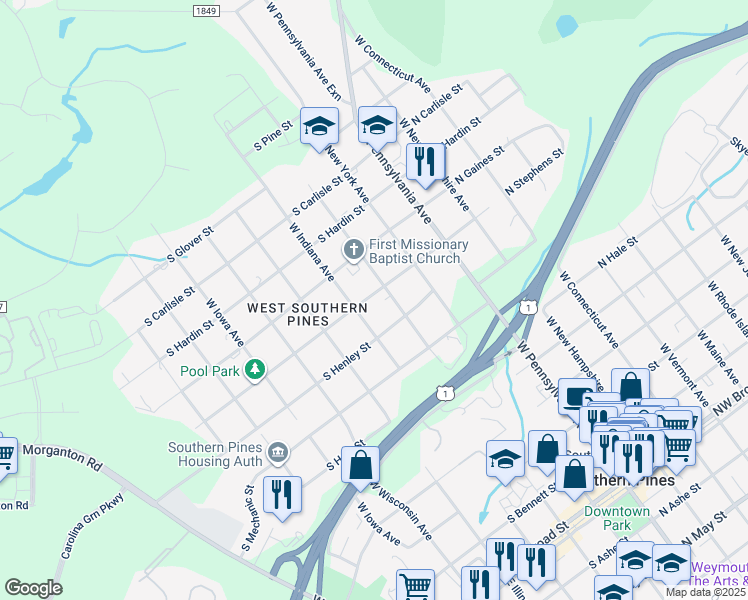 map of restaurants, bars, coffee shops, grocery stores, and more near 381 South Stephens Street in Southern Pines