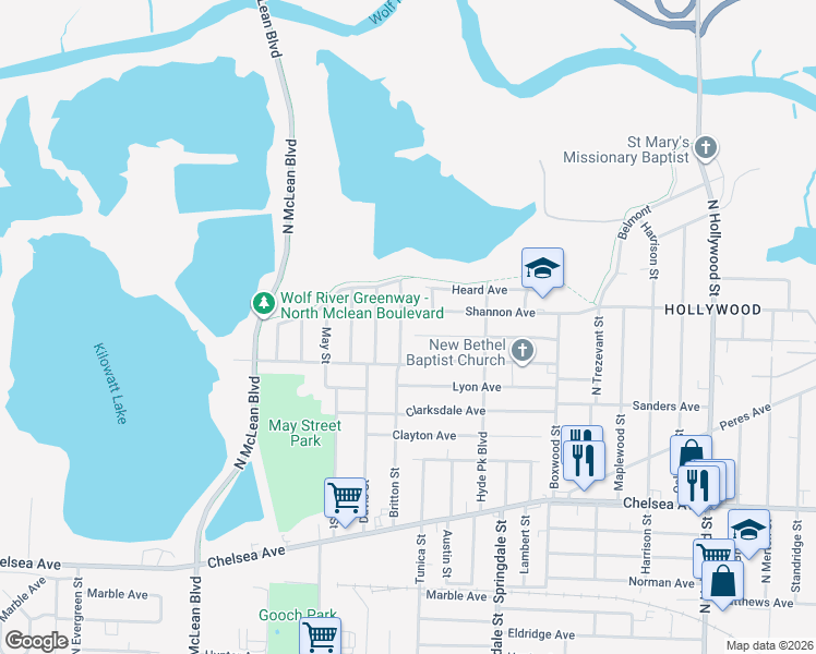 map of restaurants, bars, coffee shops, grocery stores, and more near 2112 Shannon Avenue in Memphis