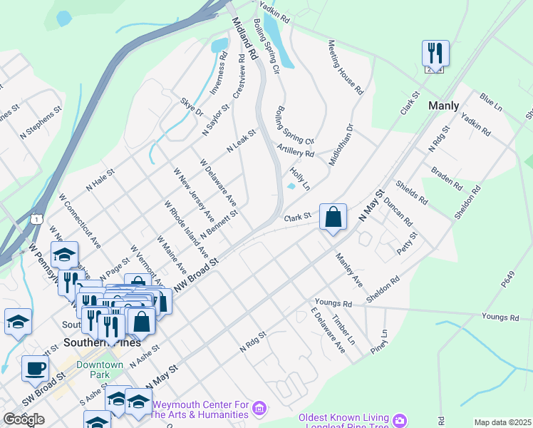 map of restaurants, bars, coffee shops, grocery stores, and more near 60 Midland Road in Southern Pines