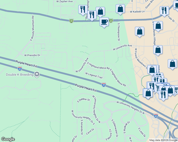 map of restaurants, bars, coffee shops, grocery stores, and more near 1900 West Camelot Drive in Flagstaff