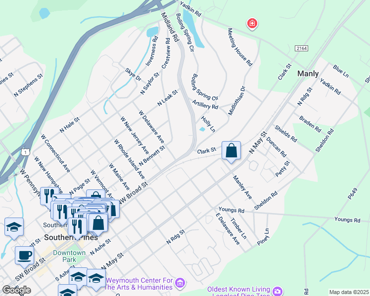 map of restaurants, bars, coffee shops, grocery stores, and more near 60 Midland Road in Southern Pines