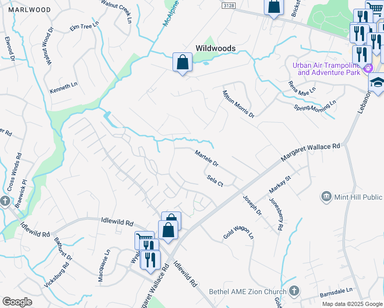 map of restaurants, bars, coffee shops, grocery stores, and more near 3934 Martele Drive in Mint Hill