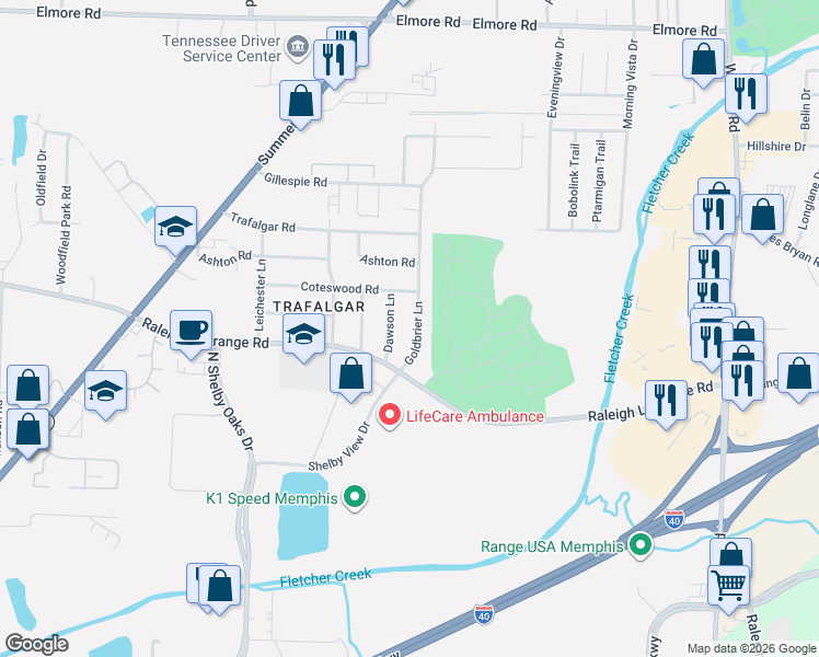 map of restaurants, bars, coffee shops, grocery stores, and more near 2033 Goldbrier Lane in Memphis