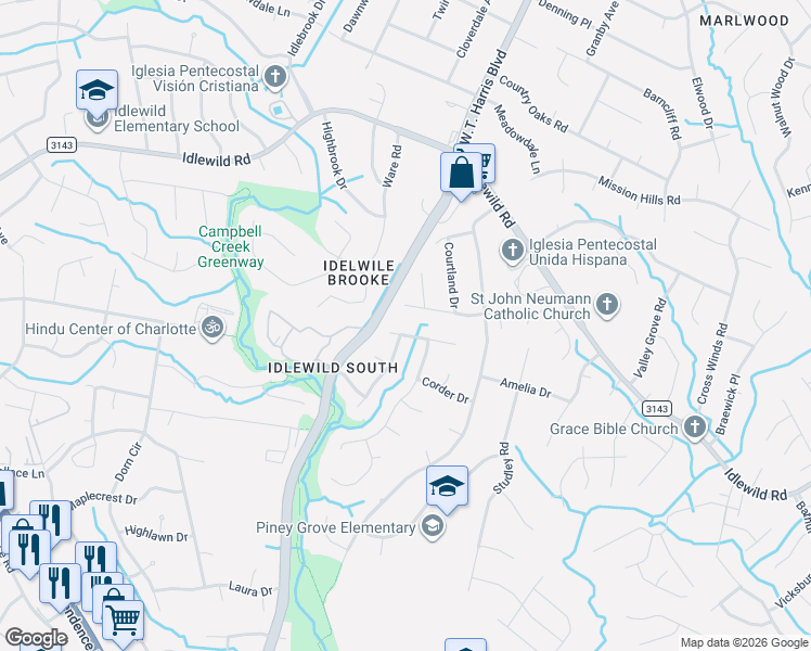 map of restaurants, bars, coffee shops, grocery stores, and more near 7719 Heatherdale Court in Charlotte