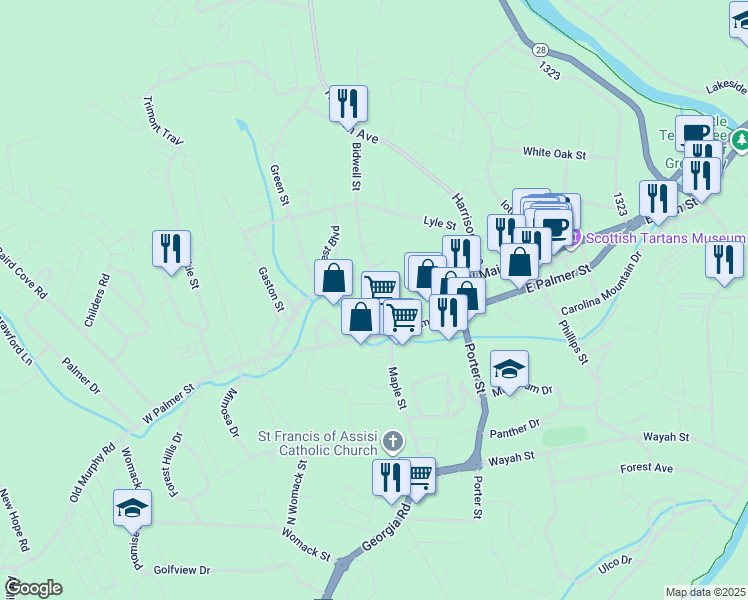 map of restaurants, bars, coffee shops, grocery stores, and more near 70 Bidwell Street in Franklin