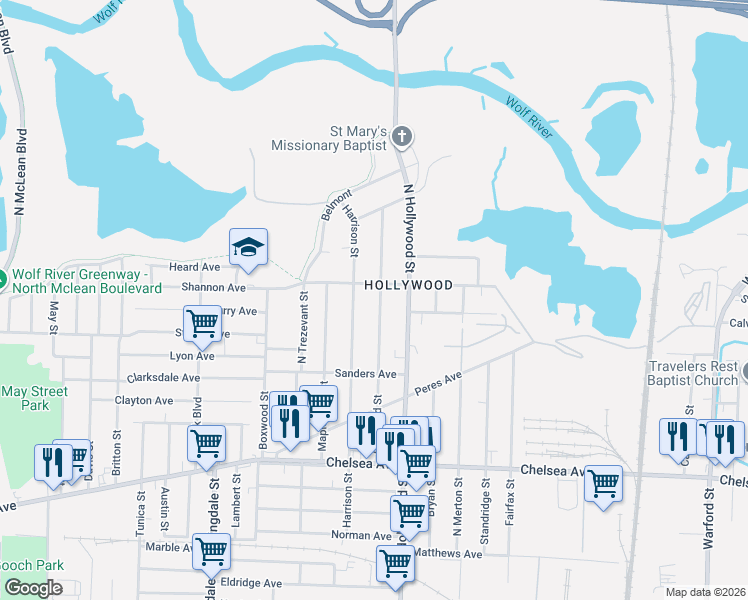 map of restaurants, bars, coffee shops, grocery stores, and more near 1648 Oakwood Street in Memphis