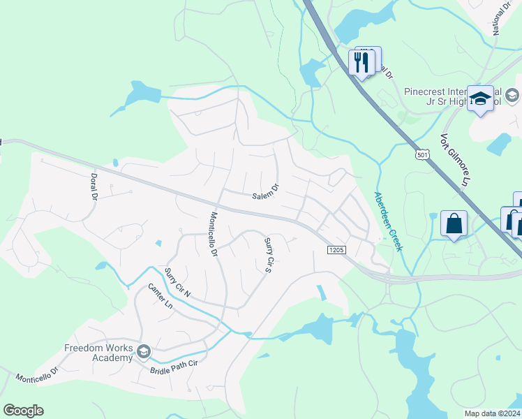 map of restaurants, bars, coffee shops, grocery stores, and more near 1185 Morganton Road in Pinehurst