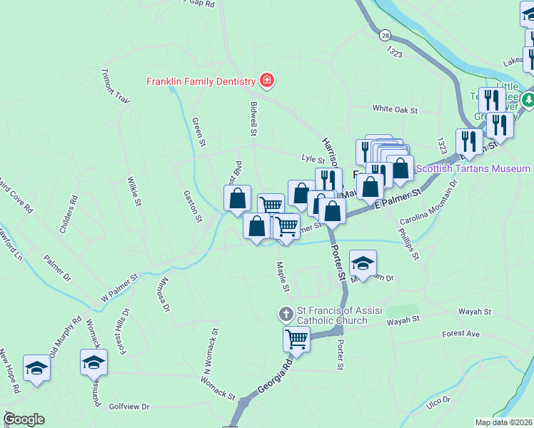 map of restaurants, bars, coffee shops, grocery stores, and more near 70 Bidwell Street in Franklin