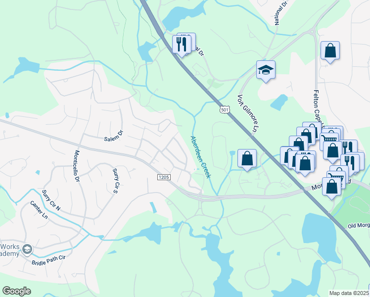 map of restaurants, bars, coffee shops, grocery stores, and more near 115 Winged Foot Road in Pinehurst