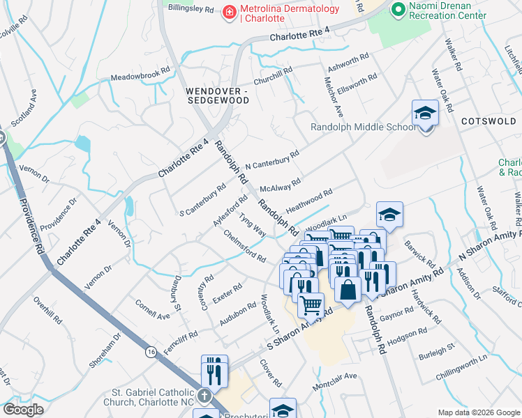 map of restaurants, bars, coffee shops, grocery stores, and more near 4124 Randolph Road in Charlotte