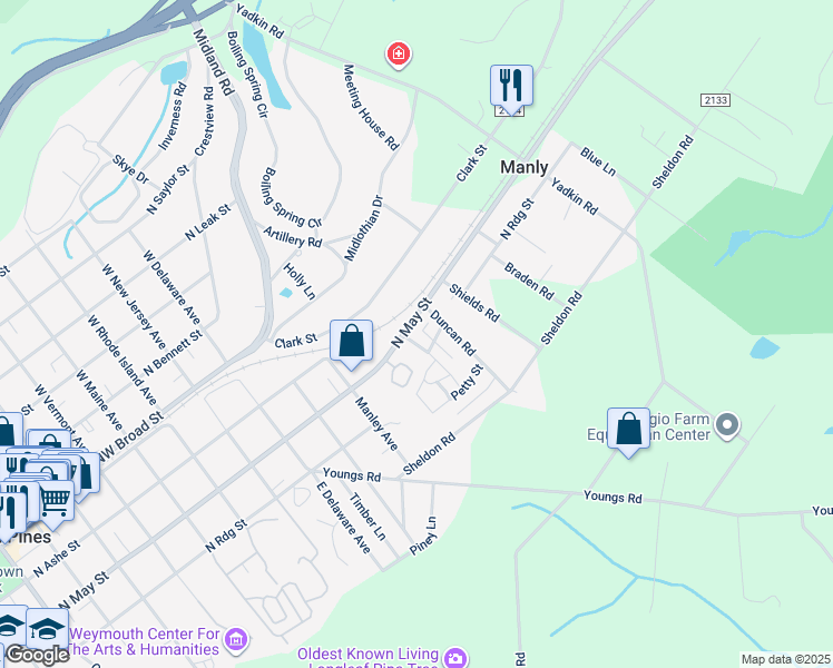 map of restaurants, bars, coffee shops, grocery stores, and more near 205 Springwood Way in Southern Pines