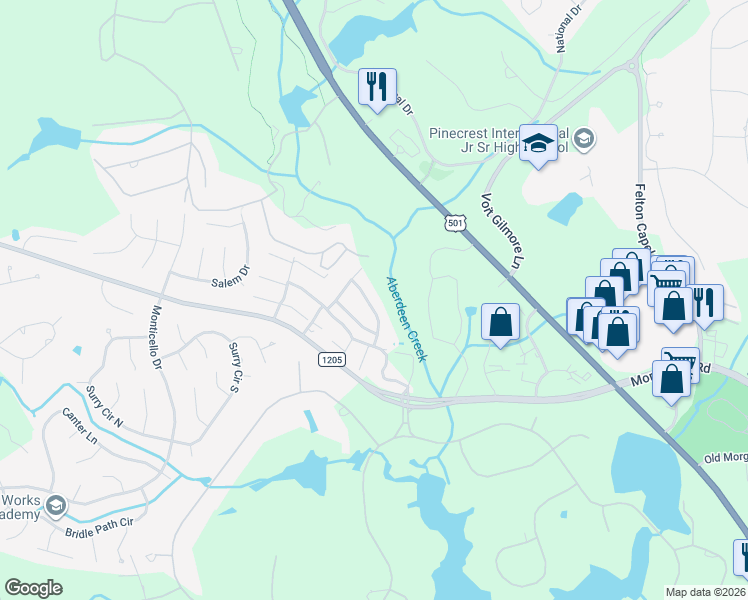 map of restaurants, bars, coffee shops, grocery stores, and more near 145 Winged Foot Road in Pinehurst