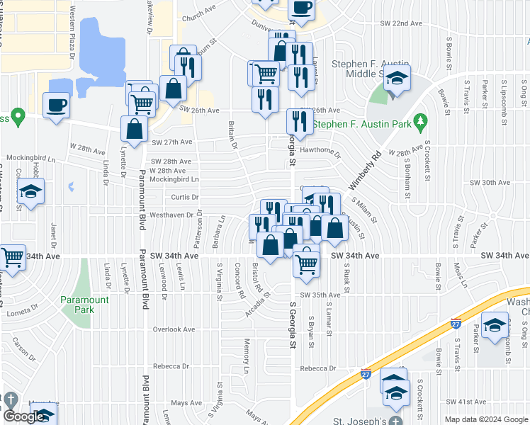map of restaurants, bars, coffee shops, grocery stores, and more near 2712 Duncan Drive in Amarillo