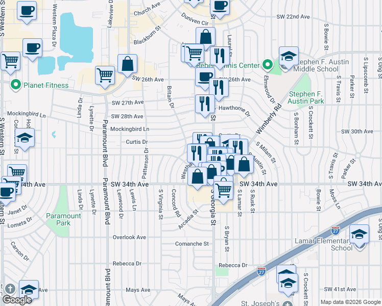 map of restaurants, bars, coffee shops, grocery stores, and more near 2712 Duncan Drive in Amarillo