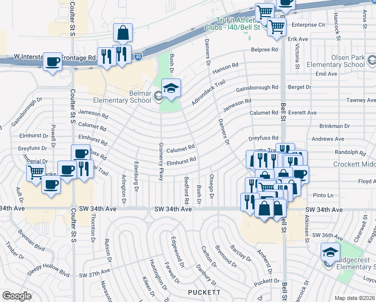 map of restaurants, bars, coffee shops, grocery stores, and more near 2800-2898 Bush Drive in Amarillo