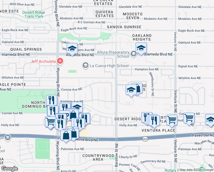 map of restaurants, bars, coffee shops, grocery stores, and more near 8121 Corona Avenue Northeast in Albuquerque