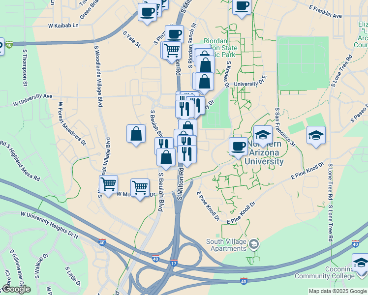 map of restaurants, bars, coffee shops, grocery stores, and more near 1862 South Milton Road in Flagstaff