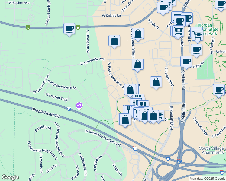 map of restaurants, bars, coffee shops, grocery stores, and more near 1385 West University Avenue in Flagstaff
