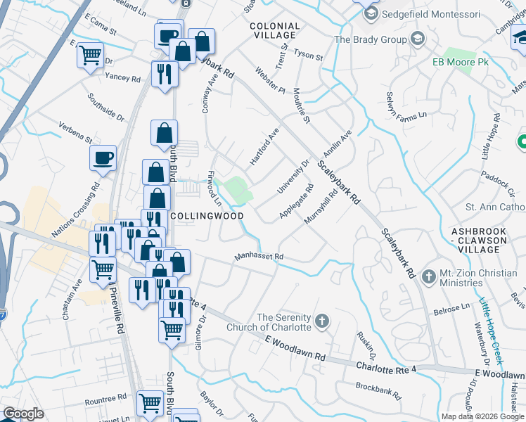 map of restaurants, bars, coffee shops, grocery stores, and more near 4510 Applegate Road in Charlotte