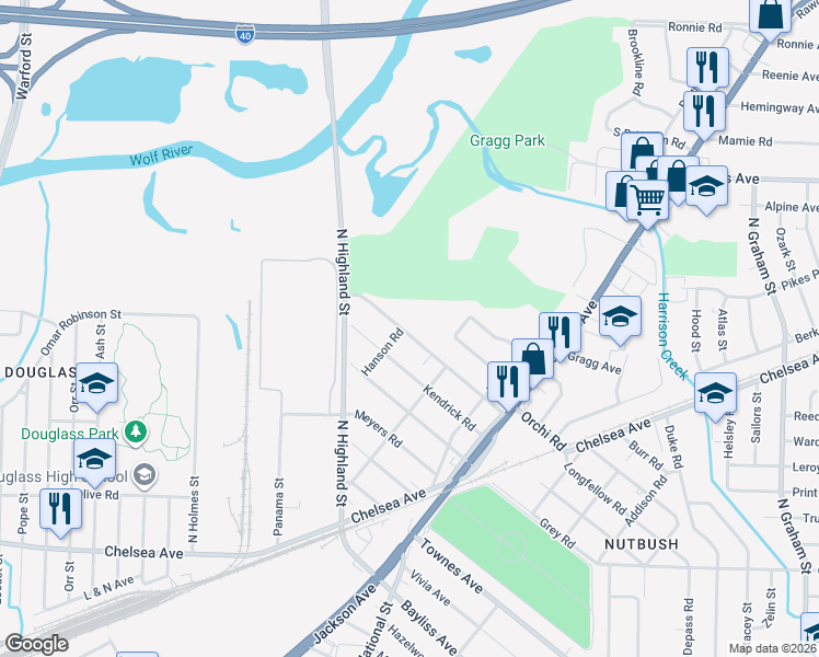 map of restaurants, bars, coffee shops, grocery stores, and more near 3530 Orchi Road in Memphis