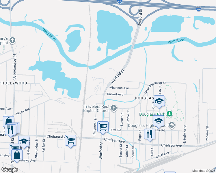 map of restaurants, bars, coffee shops, grocery stores, and more near 2978 Shannon Avenue in Memphis
