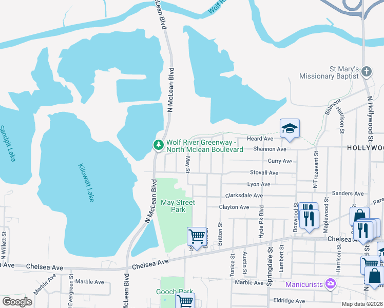 map of restaurants, bars, coffee shops, grocery stores, and more near 1627 Harmen Street in Memphis