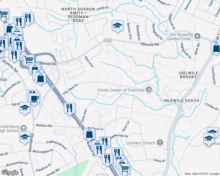 map of restaurants, bars, coffee shops, grocery stores, and more near 7106 City View Drive in Charlotte