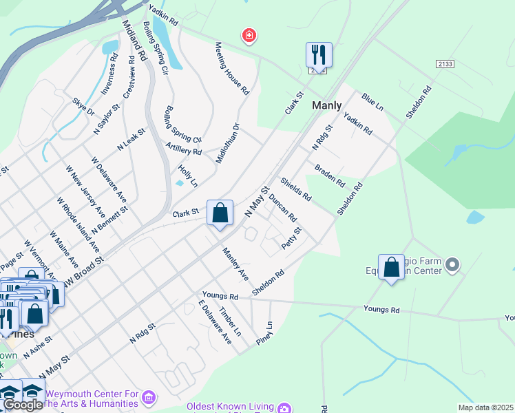 map of restaurants, bars, coffee shops, grocery stores, and more near 205 Springwood Way in Southern Pines