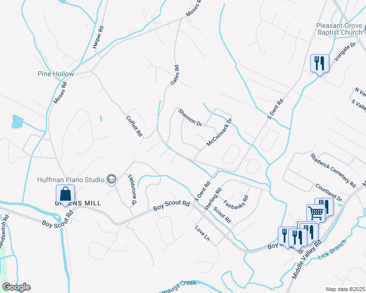 map of restaurants, bars, coffee shops, grocery stores, and more near 422 Peyton Drive in Middle Valley