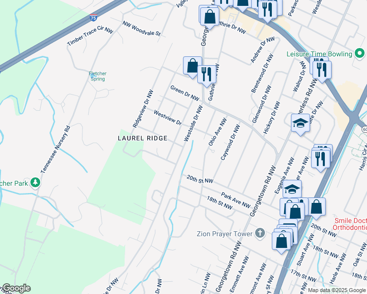 map of restaurants, bars, coffee shops, grocery stores, and more near 19th Street Northwest in Cleveland