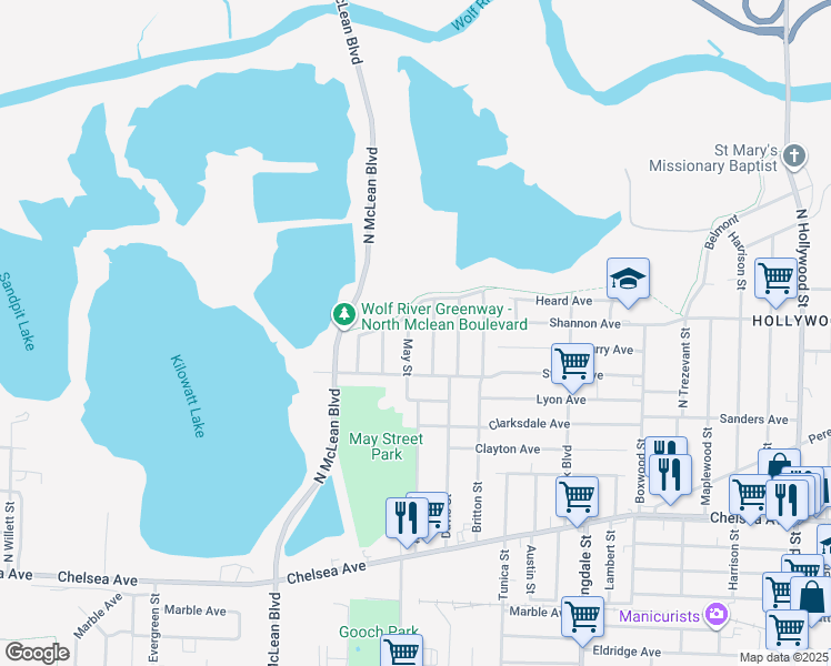 map of restaurants, bars, coffee shops, grocery stores, and more near 1627 Harmen Street in Memphis