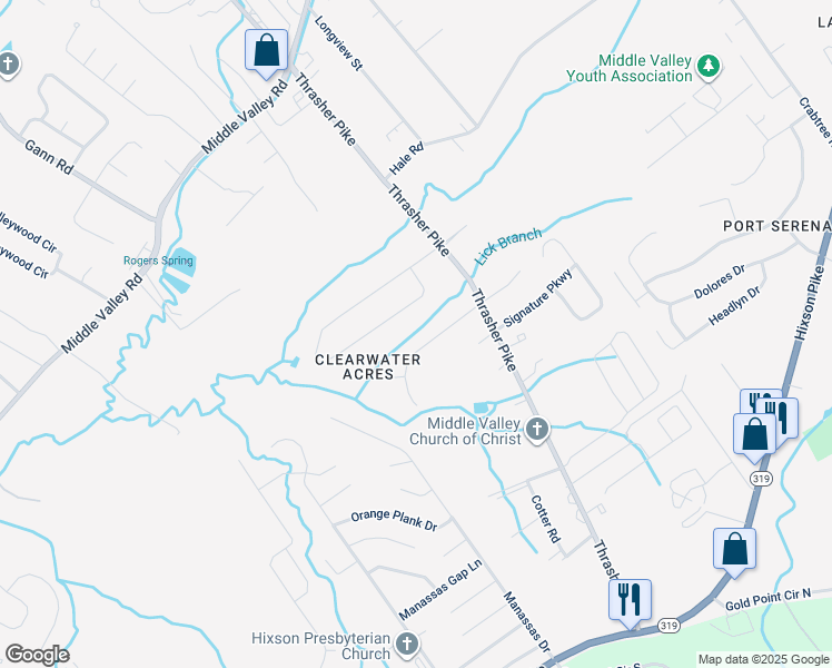 map of restaurants, bars, coffee shops, grocery stores, and more near 7613 Clearwater Road in Middle Valley